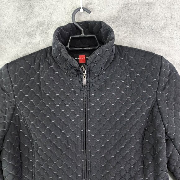 Womens Black Quilted Jacket By Gallery Full Zip Long Sleeve Zip Pockets Size L - Picture 4 of 11